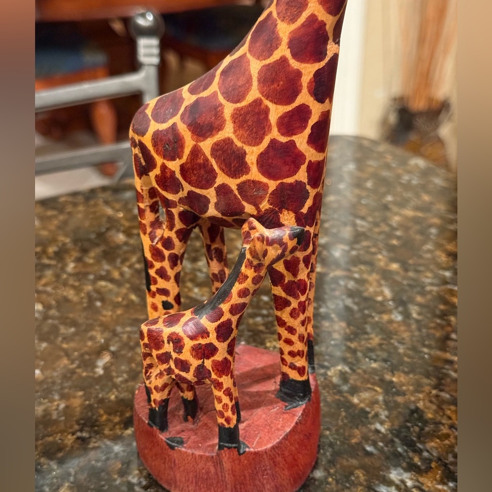 Handcrafted Wooden Giraffe Figurine with Baby - Picture 3 of 7